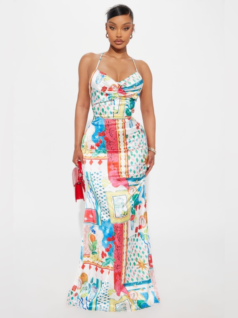 Adah Backless Satin Maxi Dress XL Colorful Scarf Print Amalfi Coast Fashion Nova